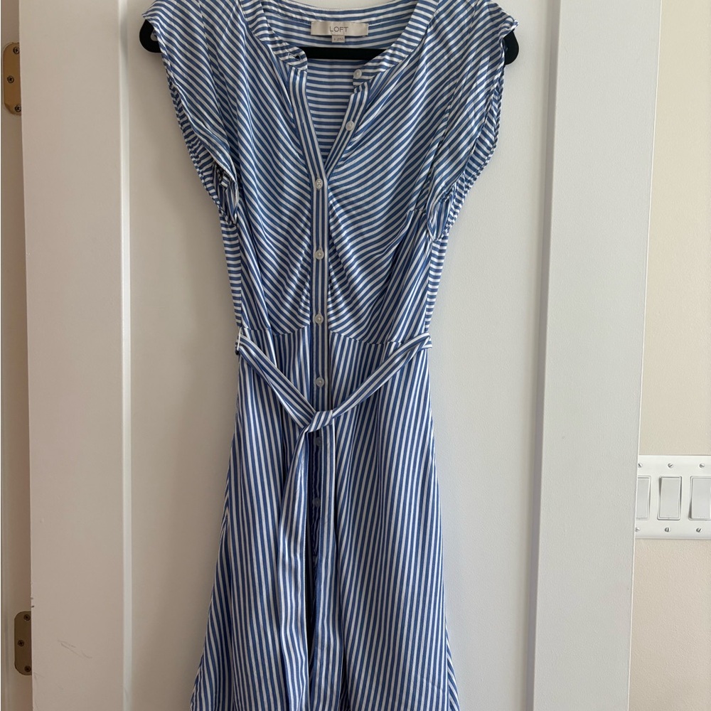 LOFT Blue and White Striped Midi Dress